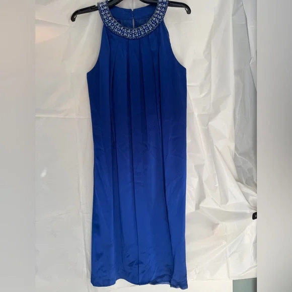Jones New York Sleeveless Cobalt Blue Pleated Midi Dress with jewelled collar - Picture 1 of 10